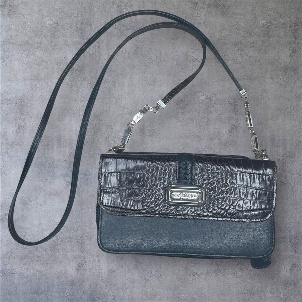 Brighton Dover Croc Embossed‎ Black Leather Crossbody Organizer Wallet